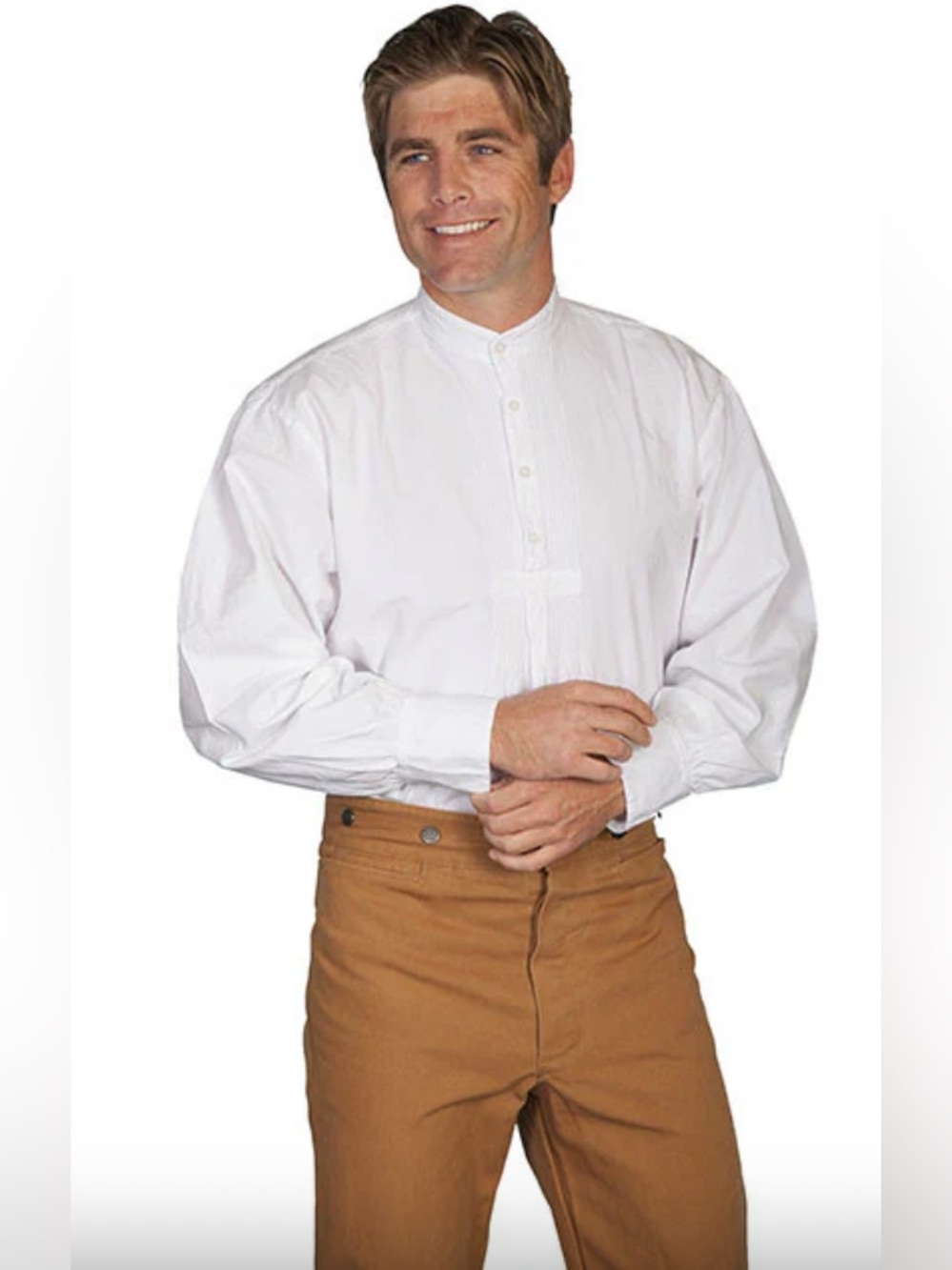 Scully Men’s Vintage Off White Band Collar Popover Western Shirt L Chintz Bib